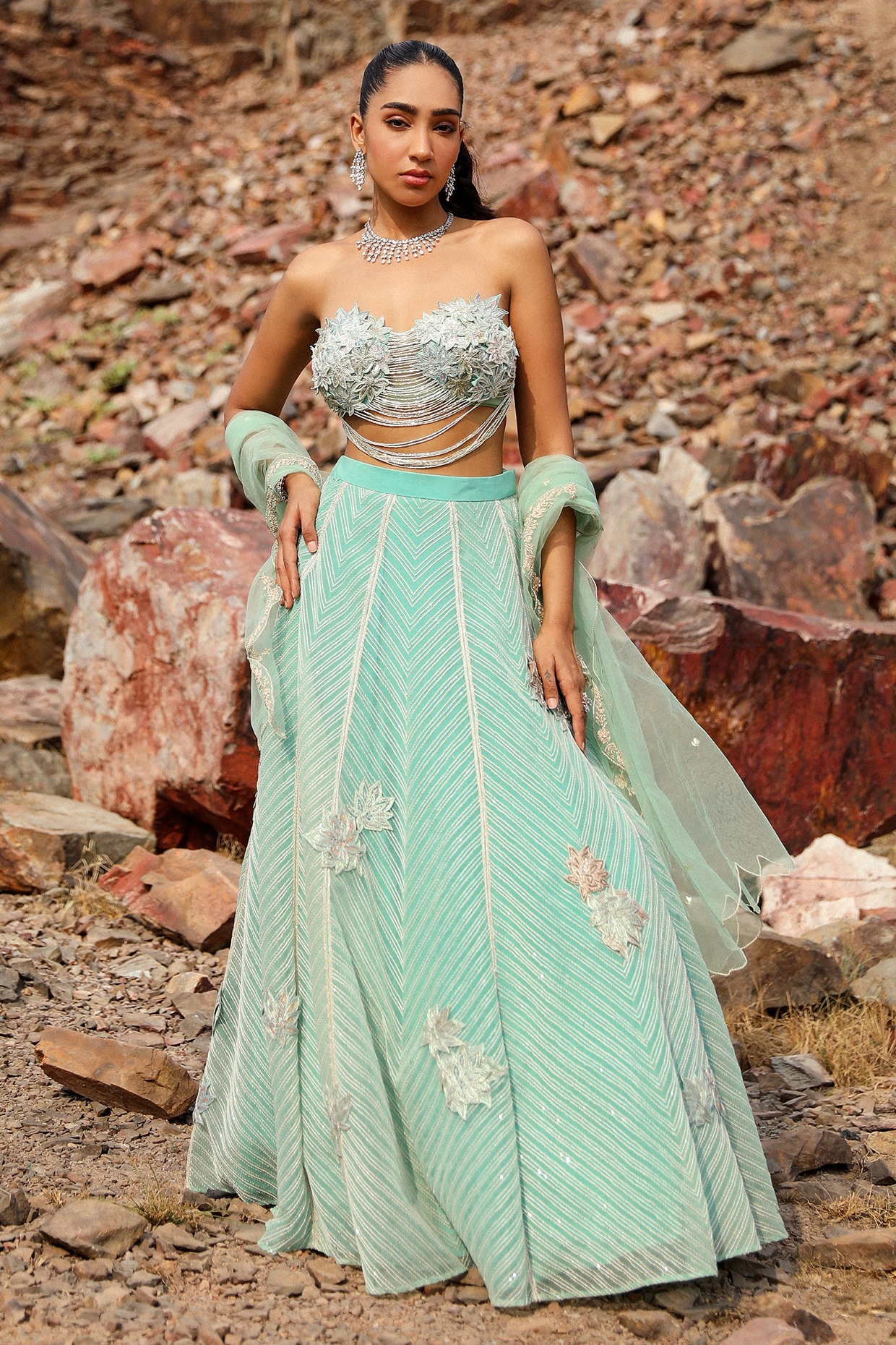 Label Moni K Blue Organza Hand Embroidered Lehenga Set