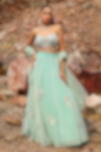 Blue Organza Hand Embroidered Wedding Lehenga Set by Label Moni K at Pernia's Pop Up Shop