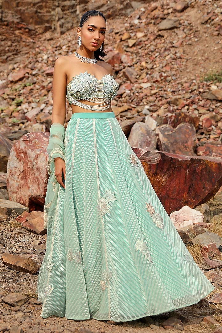 Blue Organza Hand Embroidered Wedding Lehenga Set by Label Moni K at Pernia's Pop Up Shop