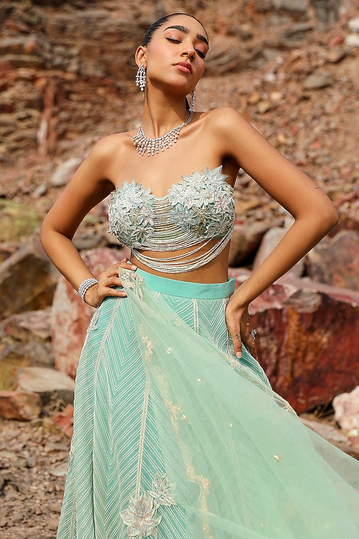 Blue Organza Hand Embroidered Wedding Lehenga Set by Label Moni K at Pernia's Pop Up Shop