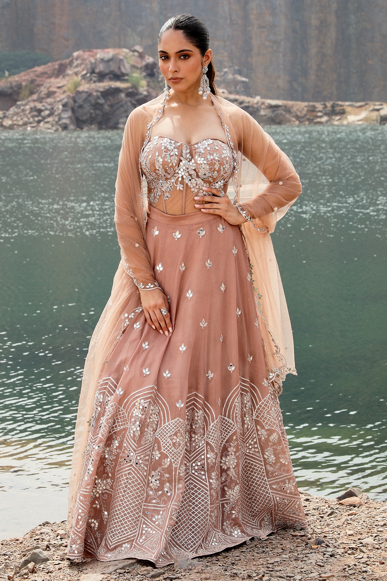Label Moni K Champagne Organza Mirror Embroidered Lehenga Set