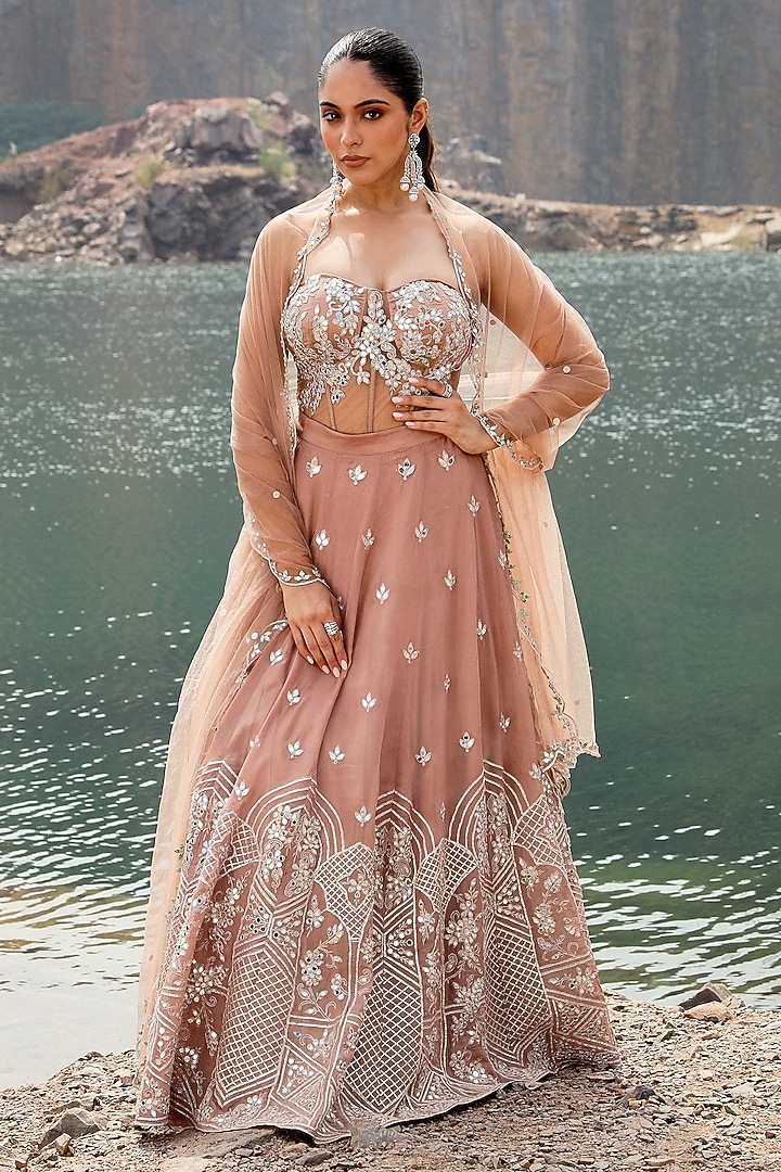 Champagne Organza Mirror Embroidered Wedding Lehenga Set by Label Moni K at Pernia's Pop Up Shop