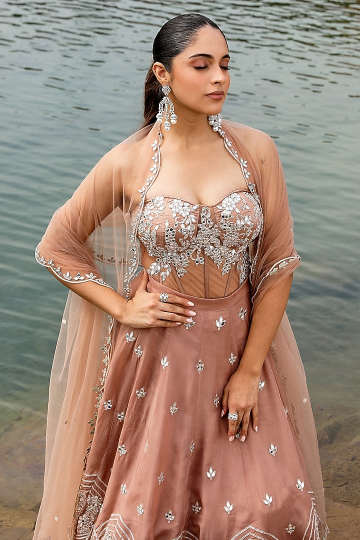 Champagne Organza Mirror Embroidered Wedding Lehenga Set by Label Moni K at Pernia's Pop Up Shop