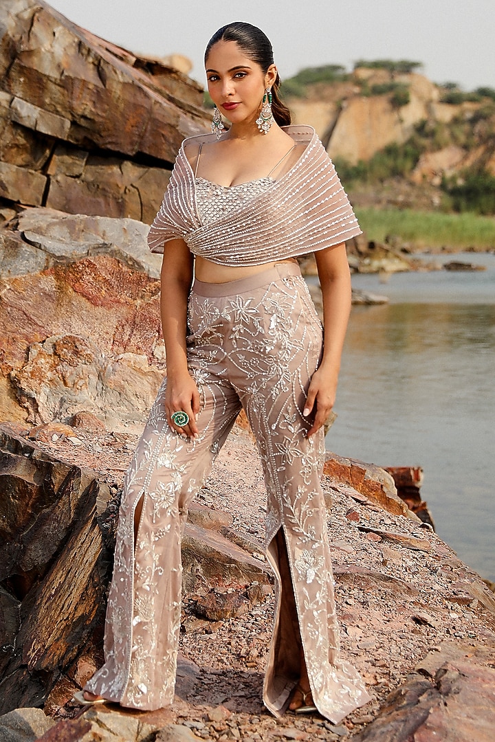 Nude Organza Hand Embroidered Pant Set by Label Moni K at Pernia's Pop Up Shop