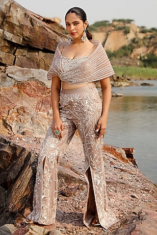 Nude Organza Hand Embroidered Pant Set by Label Moni K