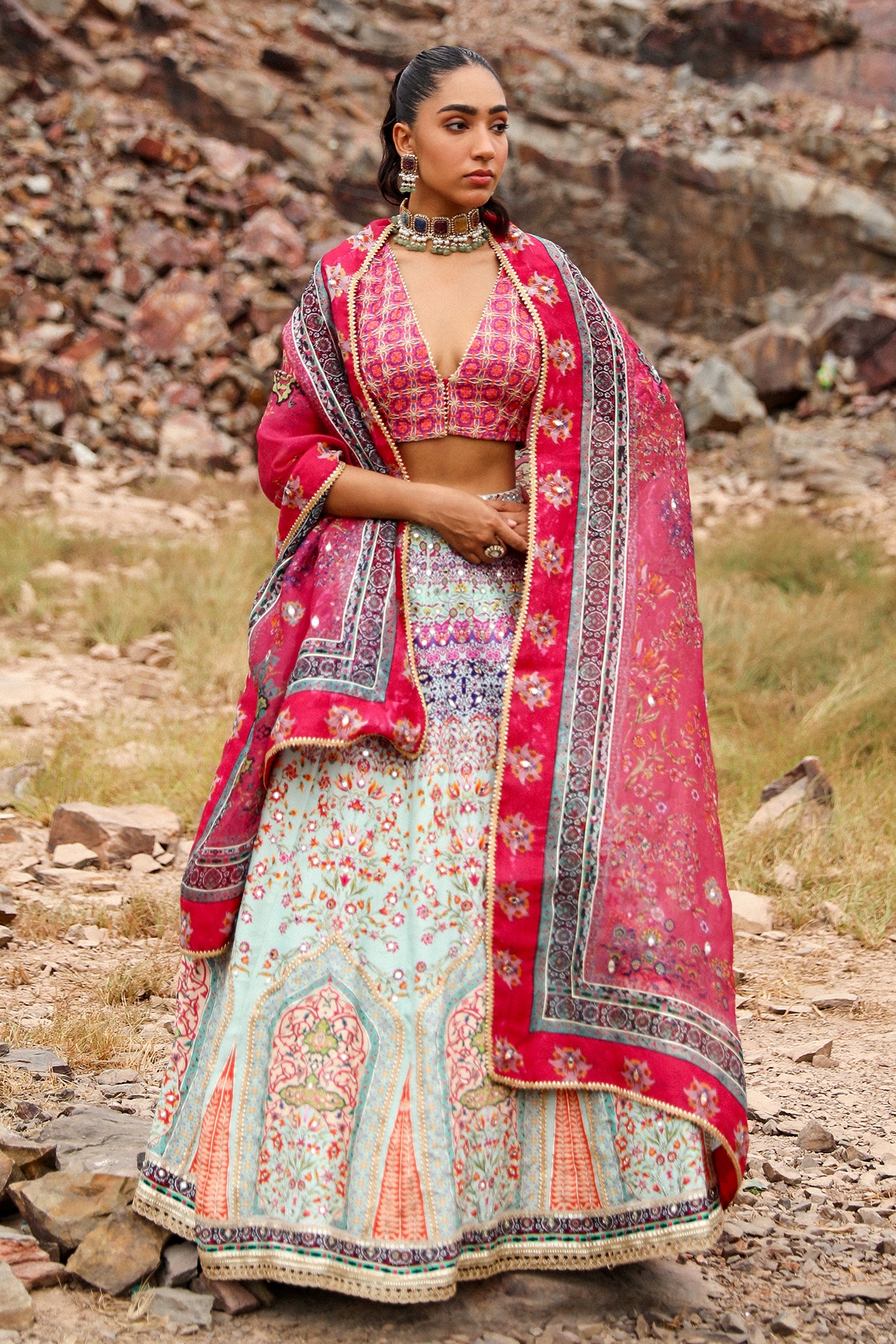 Label Moni K Light Blue Silk Floral Printed & Hand Work Lehenga Set