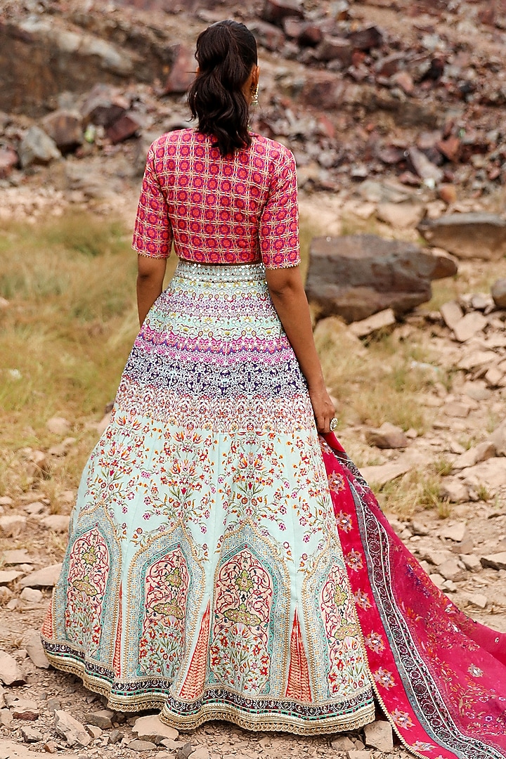 Light Blue Silk Floral Printed & Hand Work Wedding Lehenga Set by Label Moni K at Pernia's Pop Up Shop