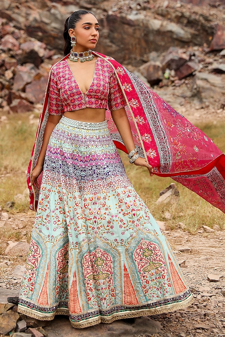 Light Blue Silk Floral Printed & Hand Work Wedding Lehenga Set by Label Moni K at Pernia's Pop Up Shop
