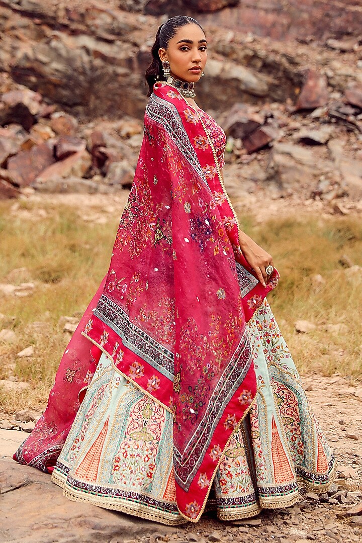 Light Blue Silk Floral Printed & Hand Work Wedding Lehenga Set by Label Moni K at Pernia's Pop Up Shop
