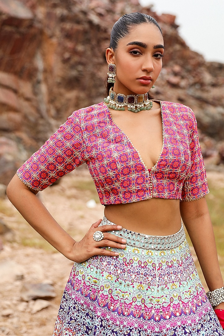 Light Blue Silk Floral Printed & Hand Work Wedding Lehenga Set by Label Moni K at Pernia's Pop Up Shop