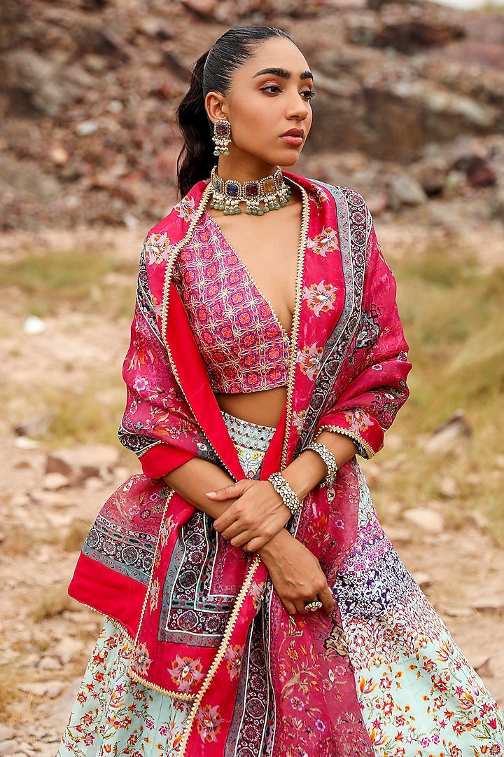 Light Blue Silk Floral Printed & Hand Work Wedding Lehenga Set by Label Moni K at Pernia's Pop Up Shop