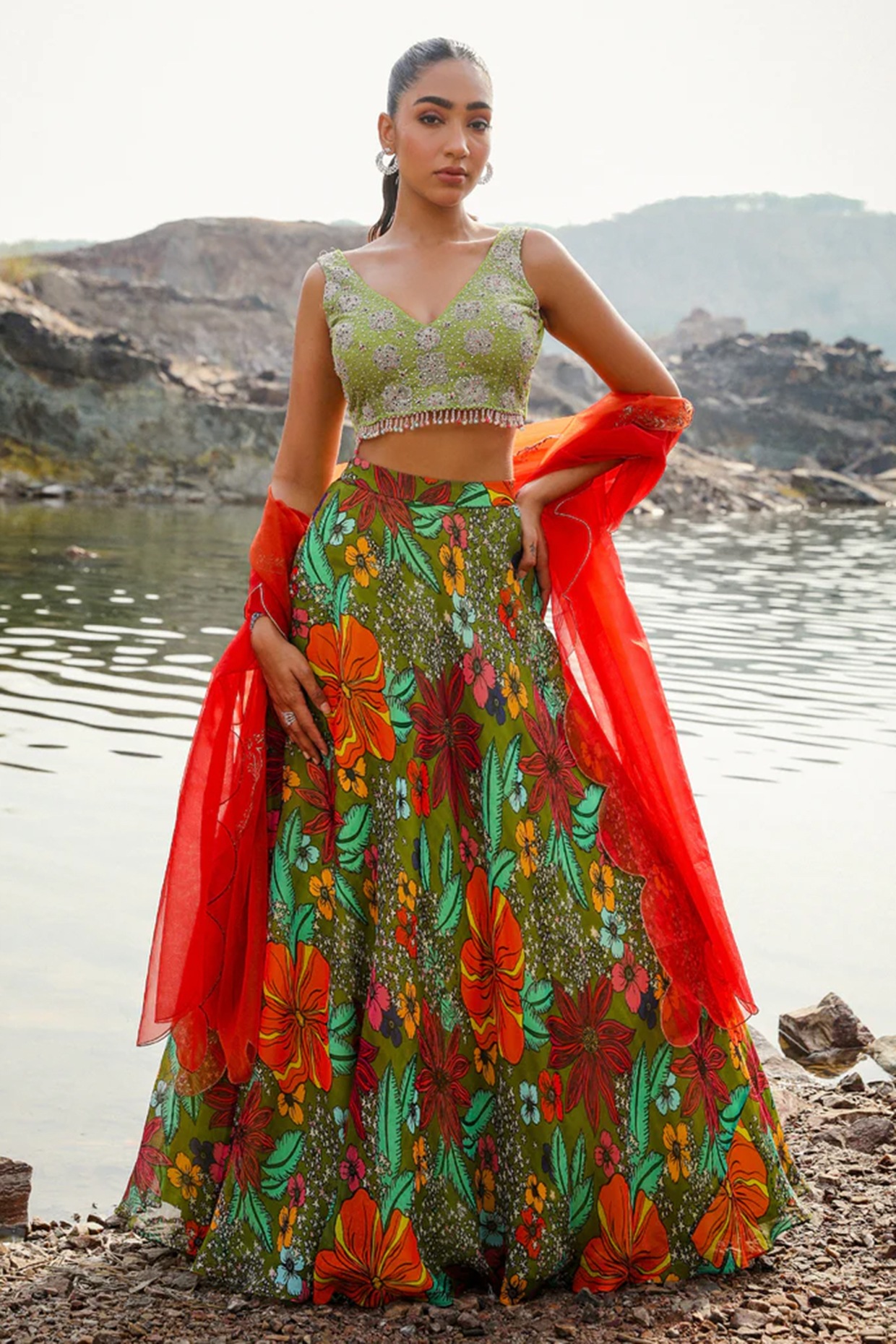 Label Moni K Green Organza Floral Printed Lehenga Set