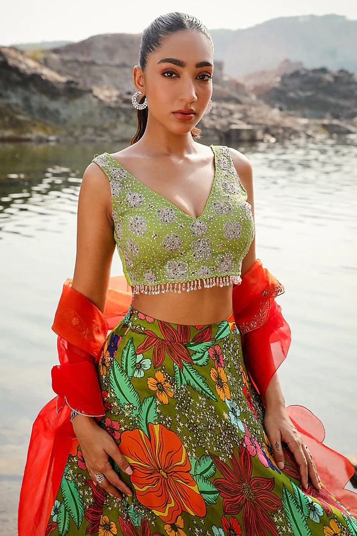 Green Organza Floral Printed Lehenga Set by Label Moni K at Pernia's Pop Up Shop