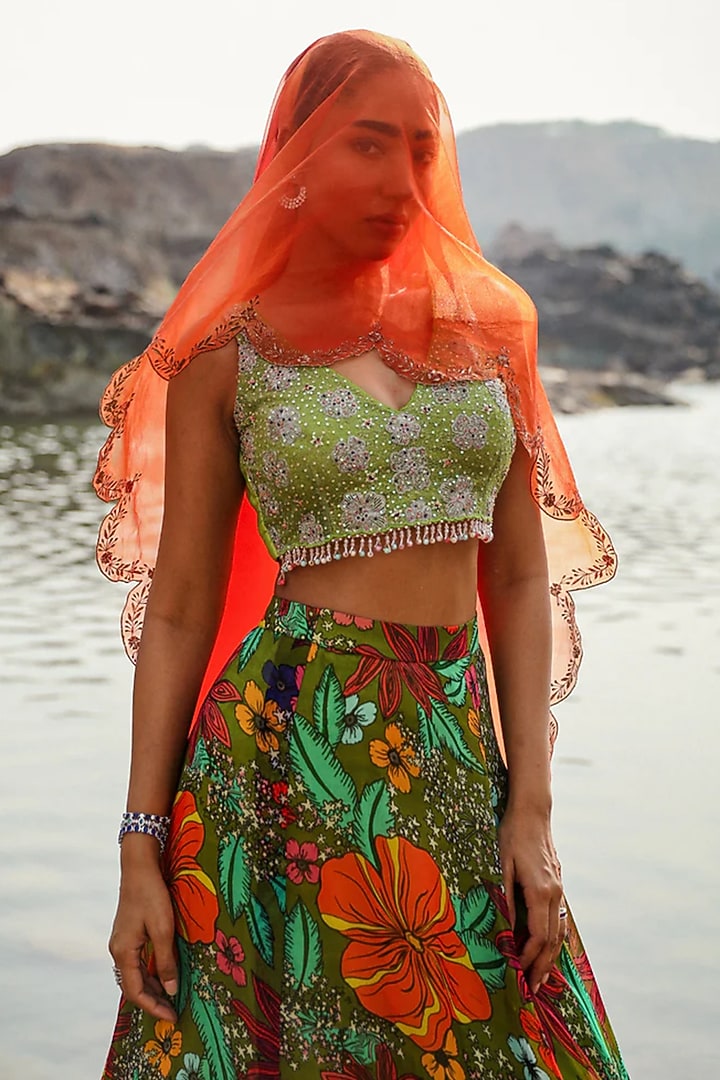 Green Organza Floral Printed Lehenga Set by Label Moni K at Pernia's Pop Up Shop