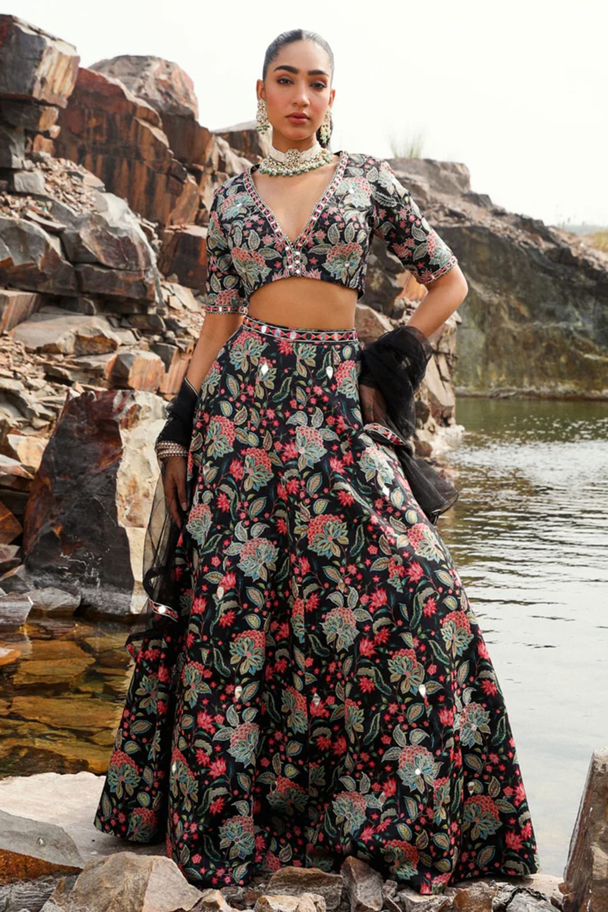 Label Moni K Black Net Floral Printed Lehenga Set