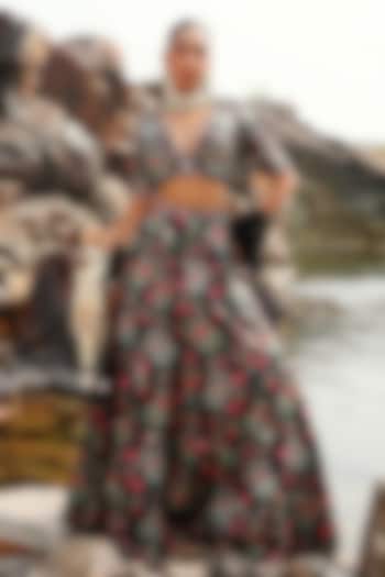 Black Net Floral Printed Lehenga Set by Label Moni K at Pernia's Pop Up Shop