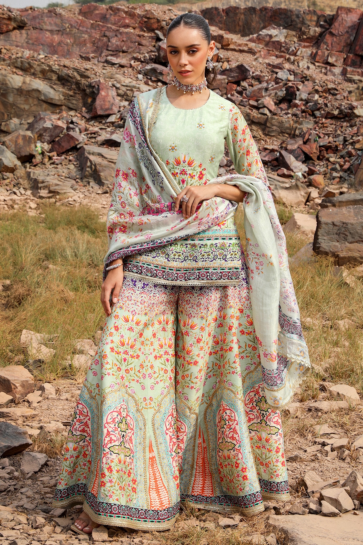 Label Moni K Mint Green Organza Floral Printed Sharara Set