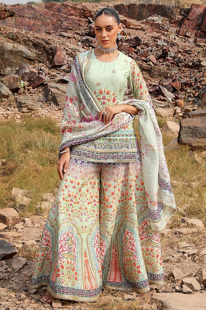 Mint Green Organza Floral Printed Wedding Sharara Set by Label Moni K at Pernia's Pop Up Shop