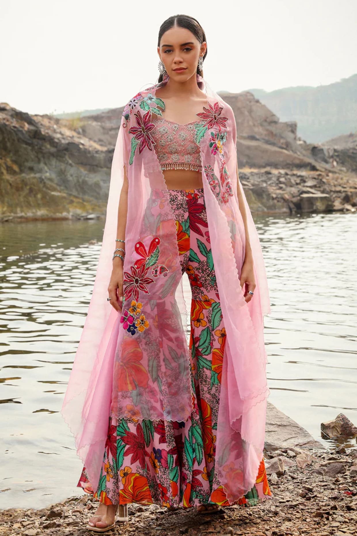 Label Moni K Red Organza Floral Printed Gharara Set