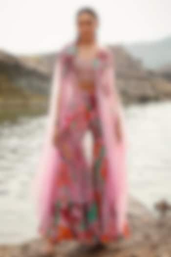 Blush Pink Organza Floral Printed Gharara Set by Label Moni K at Pernia's Pop Up Shop