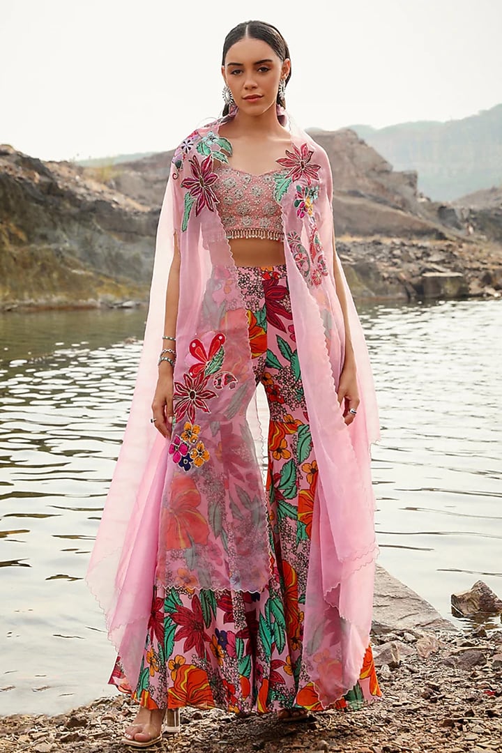 Blush Pink Organza Floral Printed Gharara Set by Label Moni K at Pernia's Pop Up Shop
