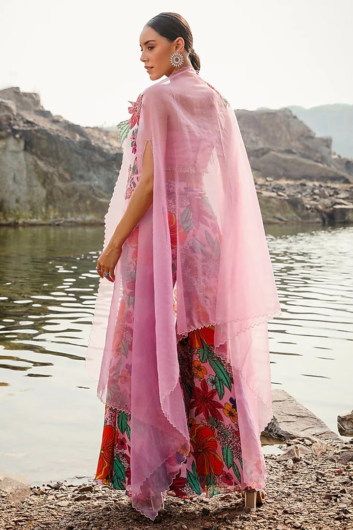 Red Organza Floral Printed Gharara Set by Label Moni K at Pernia's Pop Up Shop