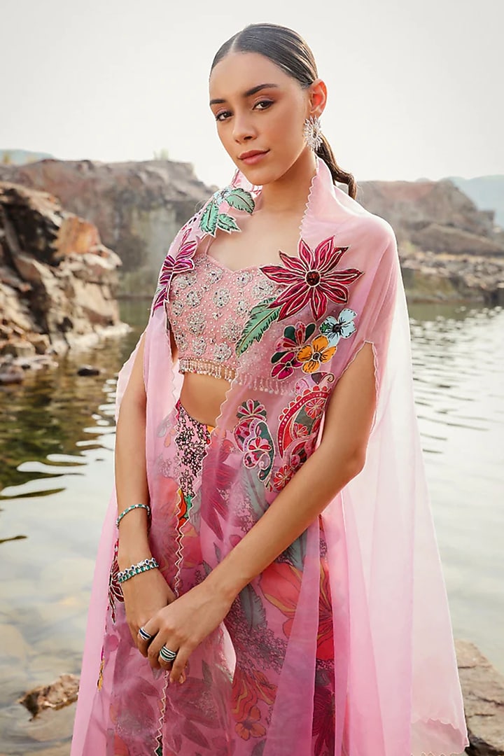 Red Organza Floral Printed Gharara Set by Label Moni K at Pernia's Pop Up Shop