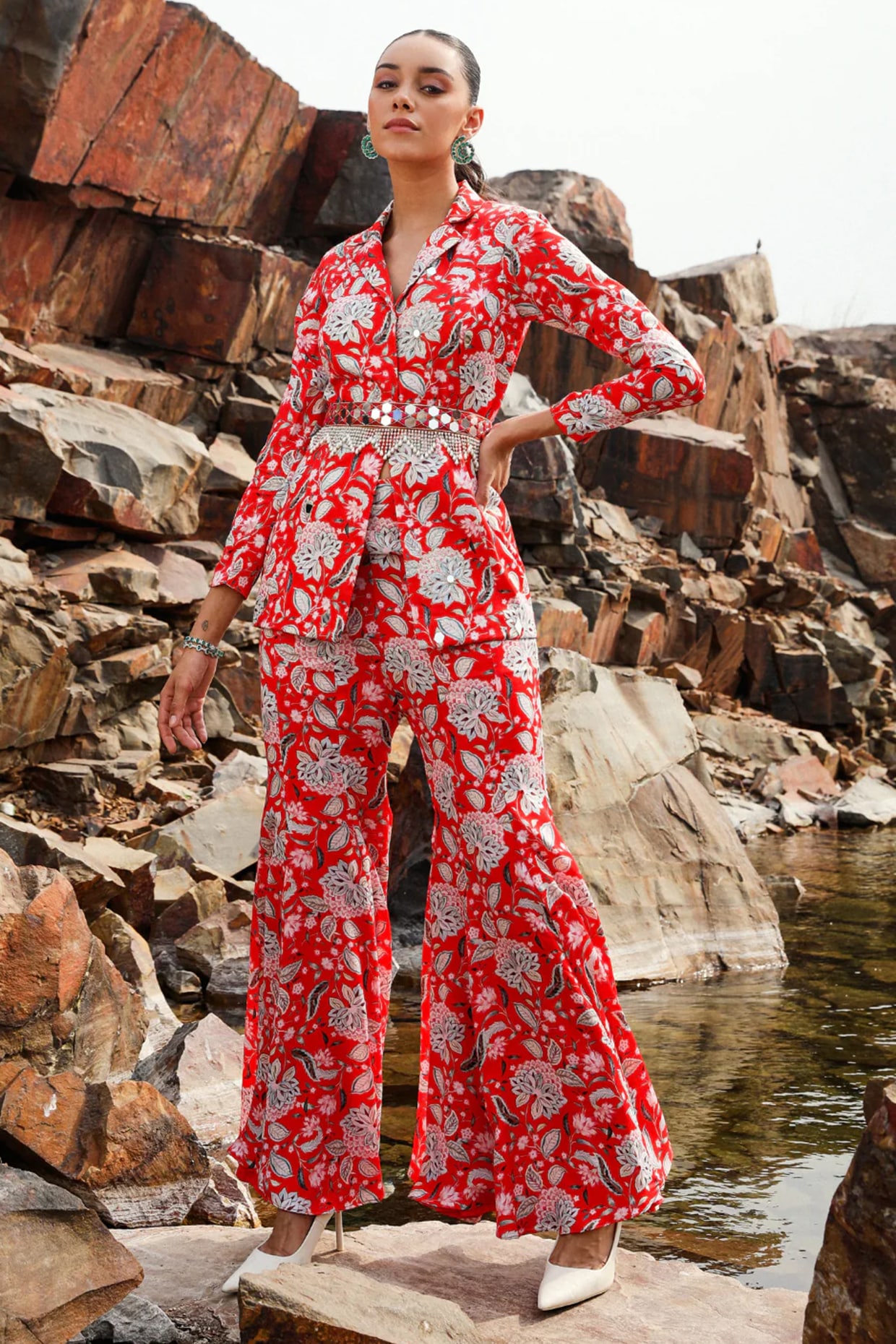Label Moni K Red Satin Floral Printed Co-Ord Set