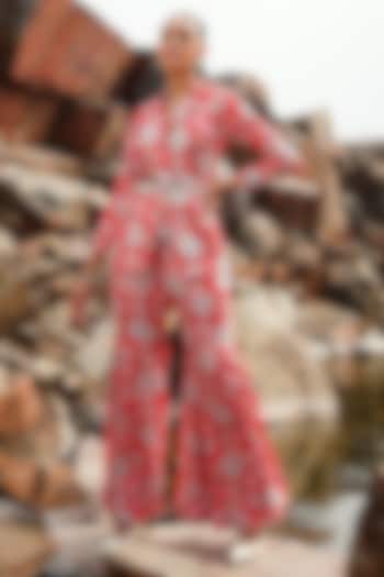 Red Satin Floral Printed Co-Ord Set by Label Moni K at Pernia's Pop Up Shop