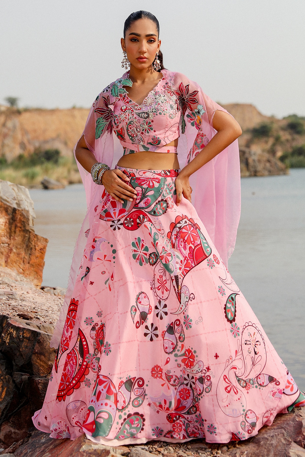 Label Moni K Pink Organza Paisley Printed Lehenga Set