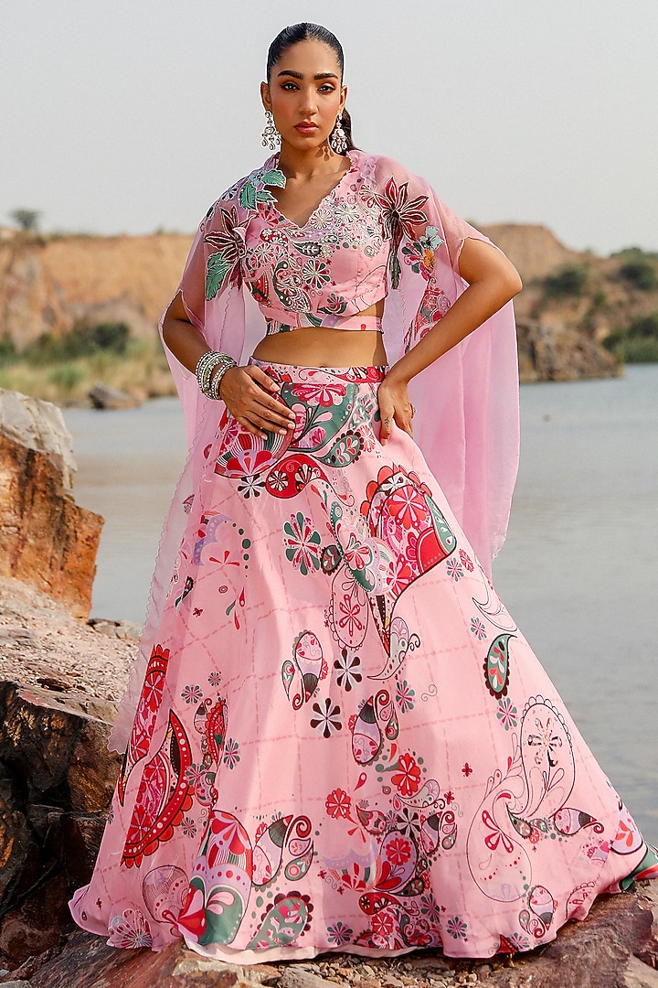 Pink Organza Paisley Printed Lehenga Set by Label Moni K at Pernia's Pop Up Shop