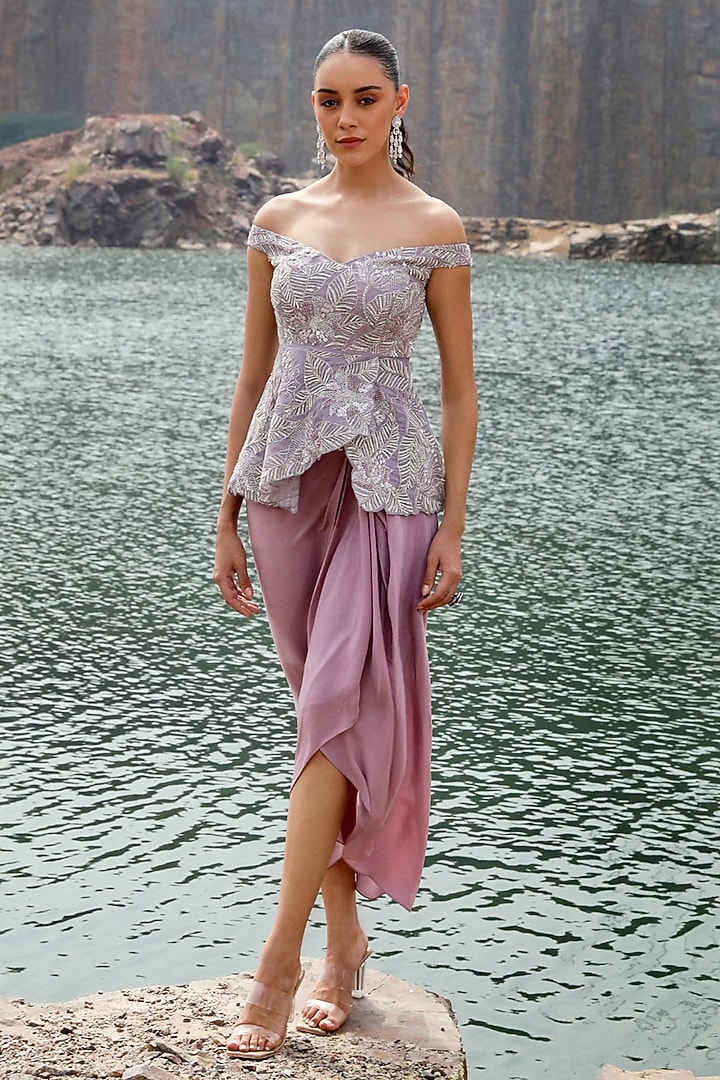 Purple Crepe Draped Dhoti Set by Label Moni K at Pernia's Pop Up Shop