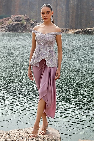 Purple Crepe Draped Dhoti Set by Label Moni K