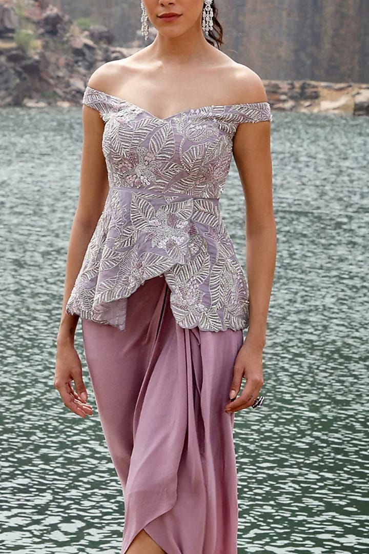 Purple Crepe Draped Dhoti Set by Label Moni K at Pernia's Pop Up Shop