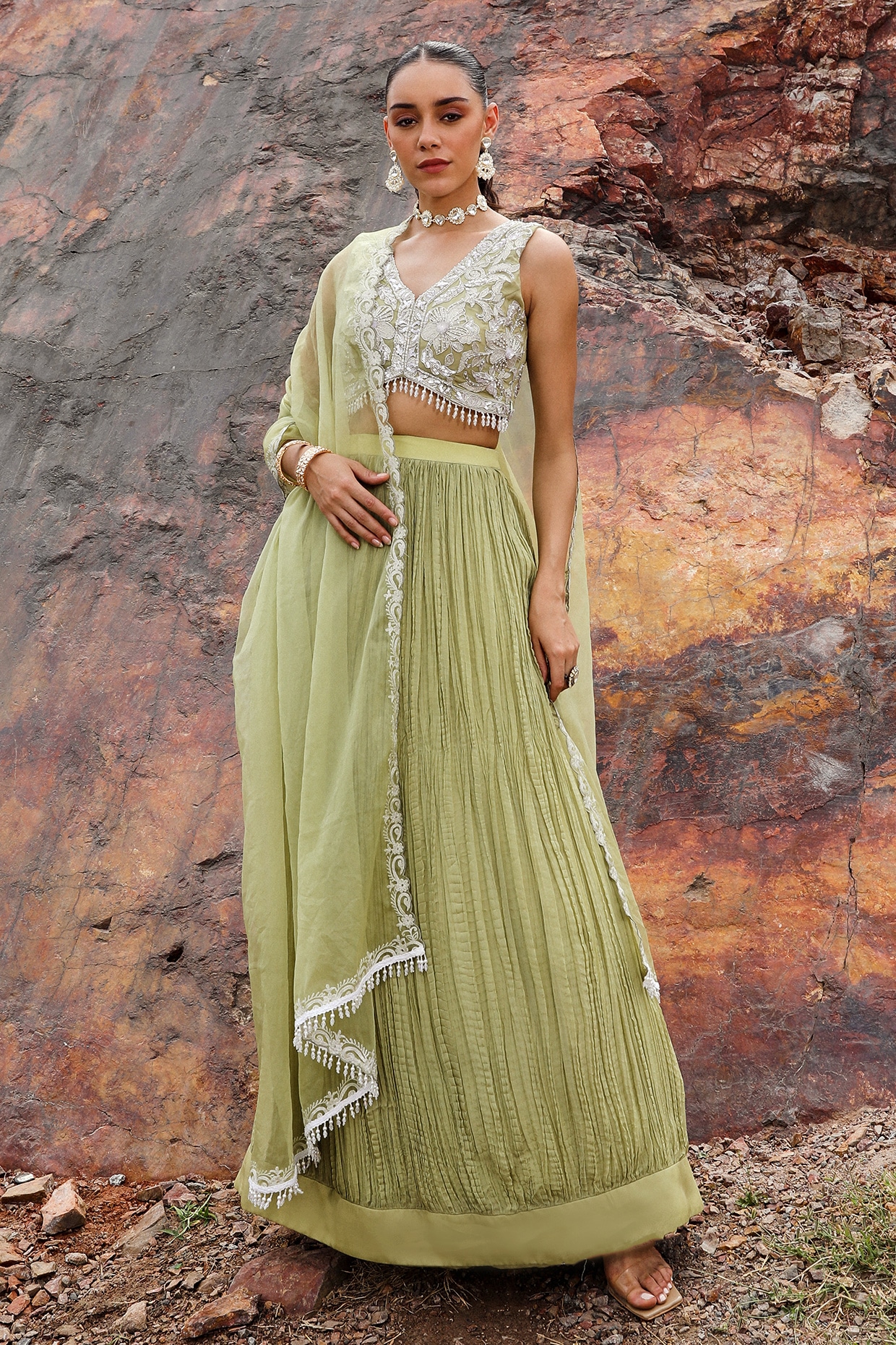 Label Moni K Mint Green Viscose Crushed Lehenga Set