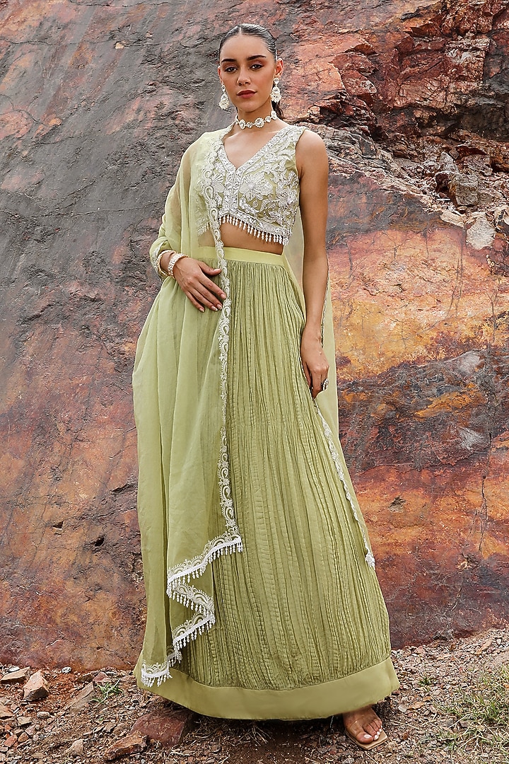 Mint Green Viscose Crushed Lehenga Set by Label Moni K at Pernia's Pop Up Shop