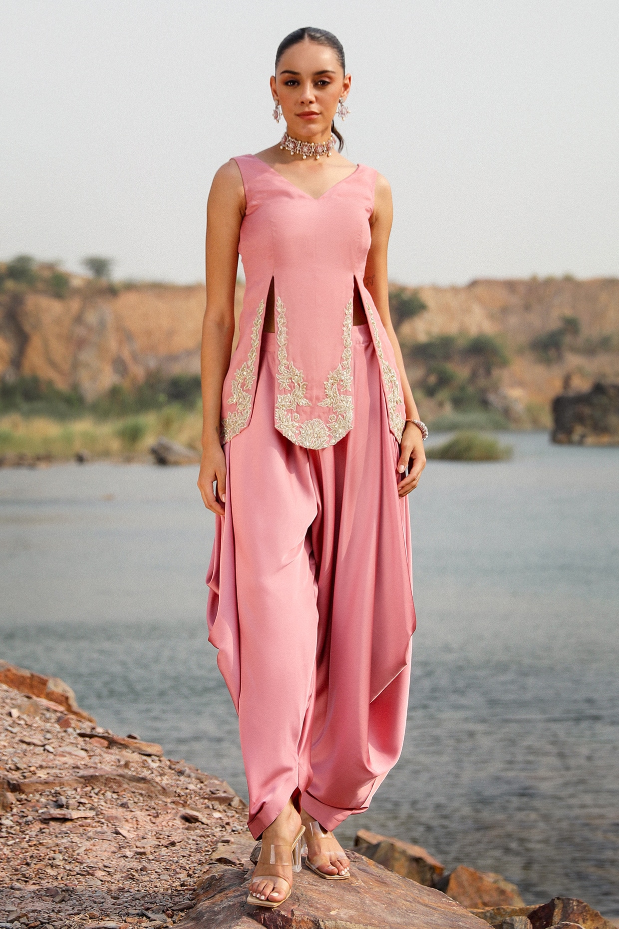 Label Moni K Carnation Pink Satin Hand Embroidered Kurta Set