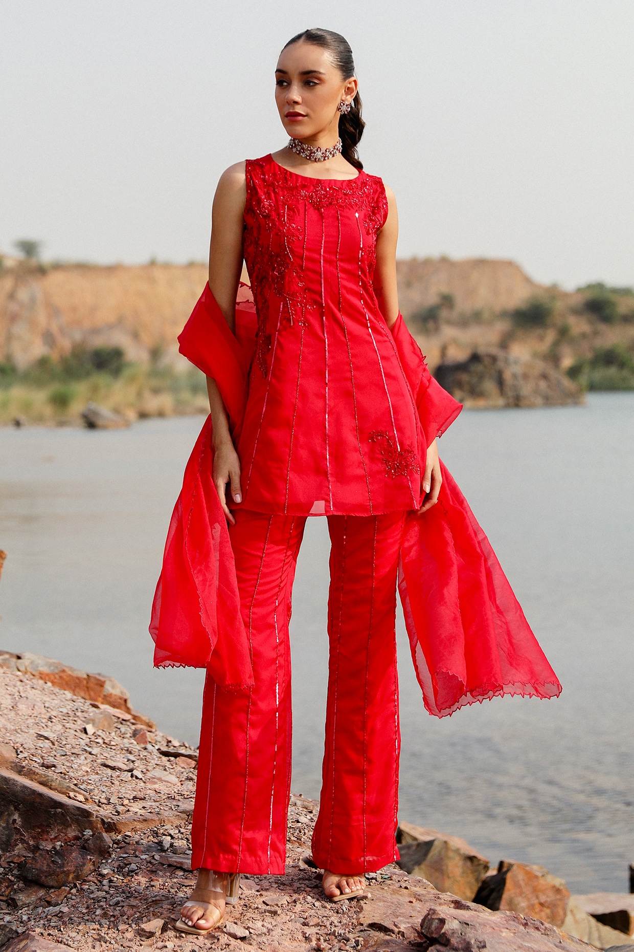 Label Moni K Ruby Pink Satin Hand Embroidered Kurta Set