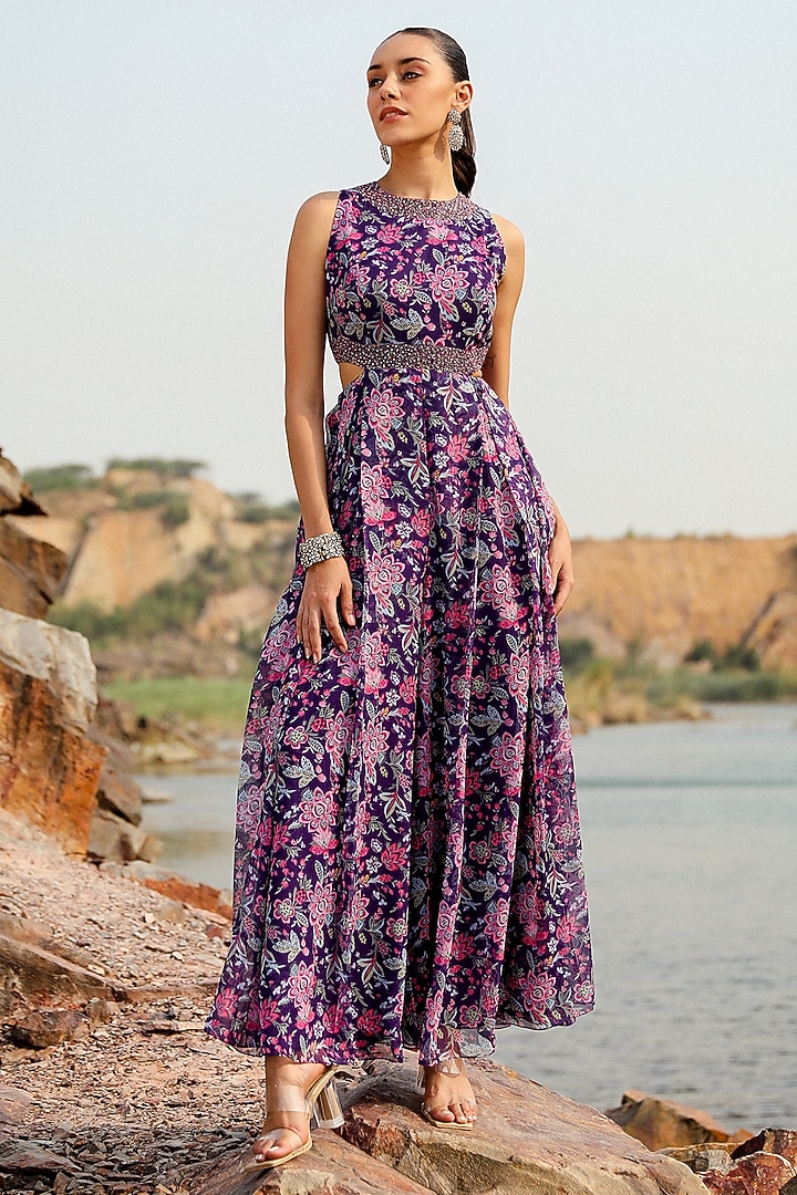 Purple Chiffon Floral Printed Jumpsuit by Label Moni K at Pernia's Pop Up Shop