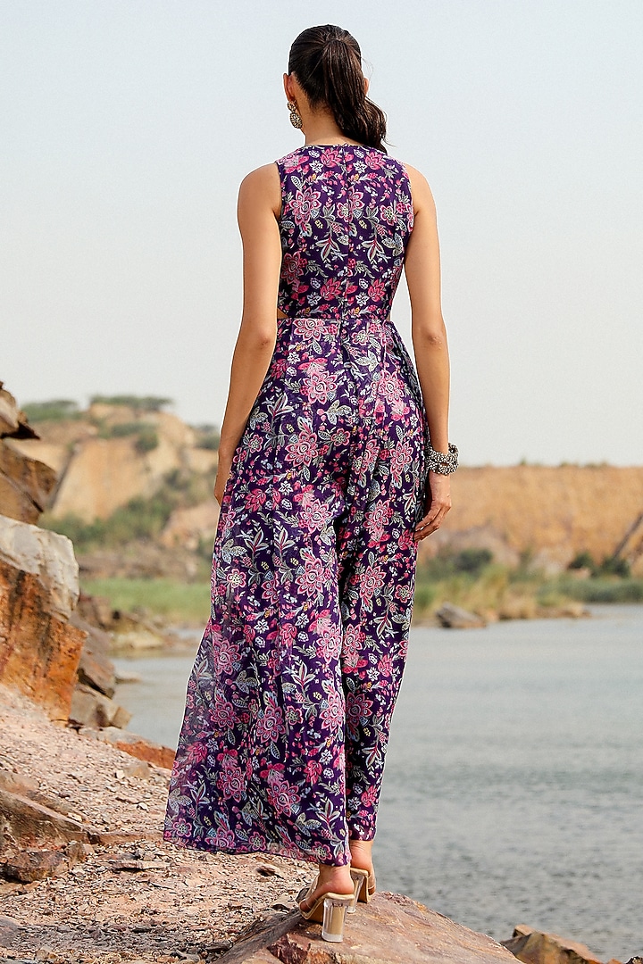 Purple Chiffon Floral Printed Jumpsuit by Label Moni K at Pernia's Pop Up Shop