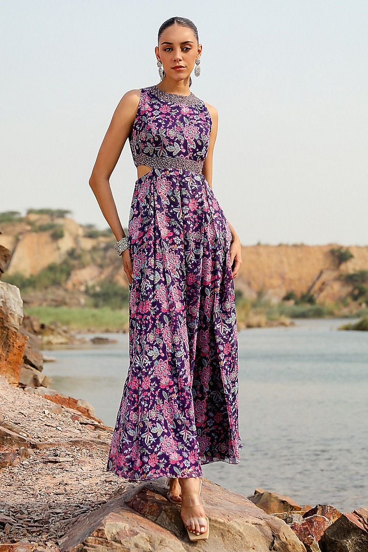 Purple Chiffon Floral Printed Jumpsuit by Label Moni K at Pernia's Pop Up Shop