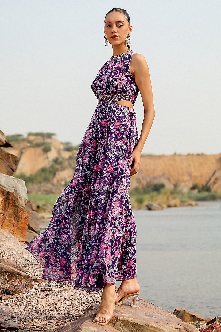 Purple Chiffon Floral Printed Jumpsuit by Label Moni K at Pernia's Pop Up Shop