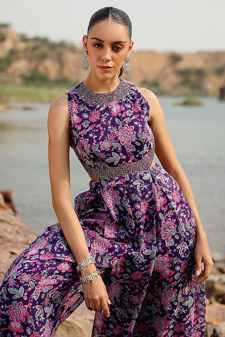 Purple Chiffon Floral Printed Jumpsuit by Label Moni K at Pernia's Pop Up Shop