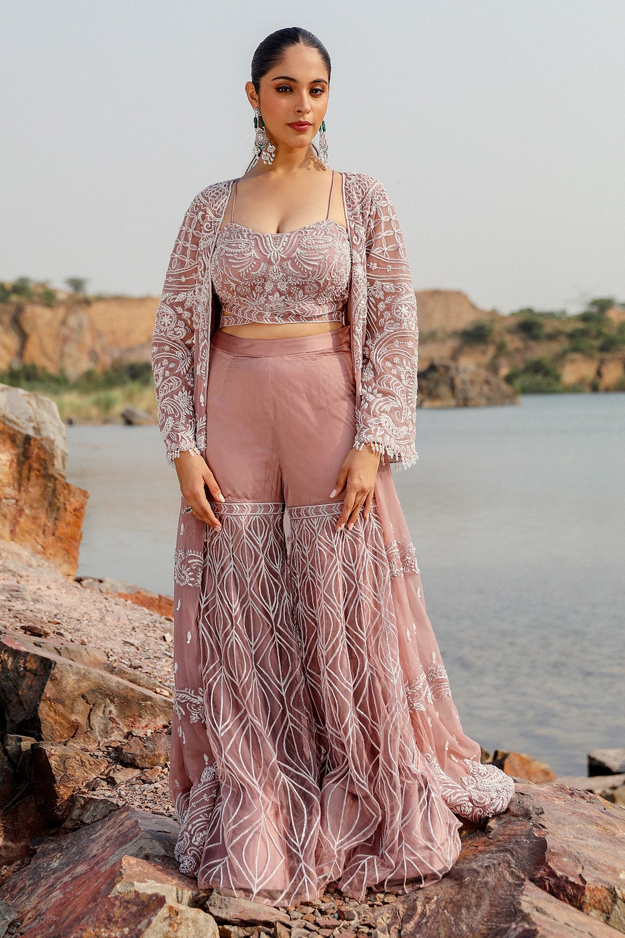 Label Moni K Mauve Net Hand Embroidered Gharara Set