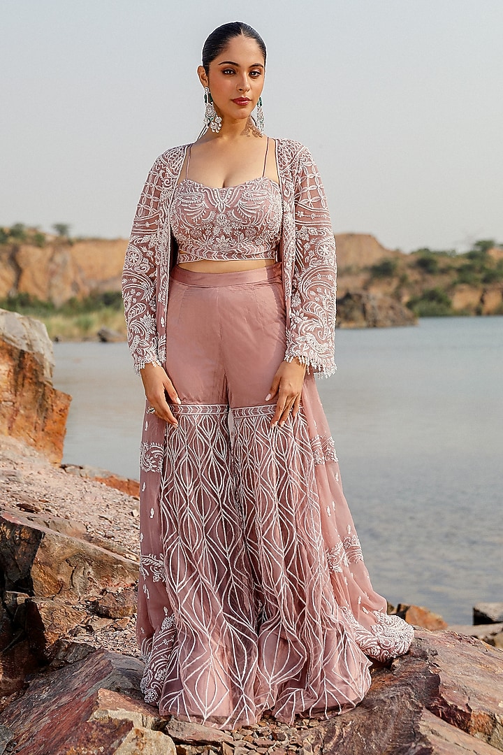 Mauve Net Hand Embroidered Gharara Set by Label Moni K at Pernia's Pop Up Shop