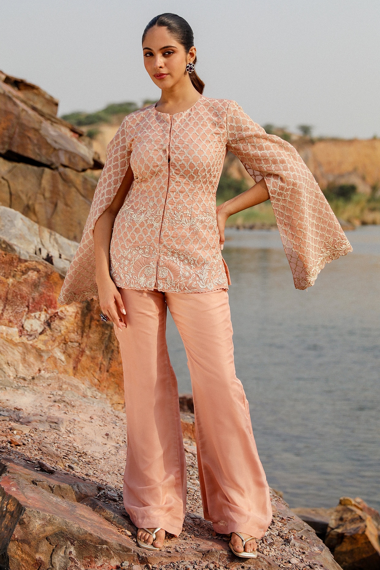 Label Moni K Peach Viscose Organza Floral Embroidered Jacket Set