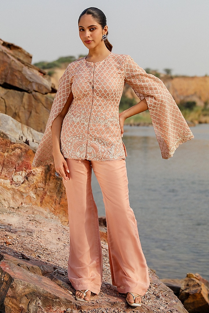 Peach Viscose Organza Floral Embroidered Jacket Set by Label Moni K at Pernia's Pop Up Shop