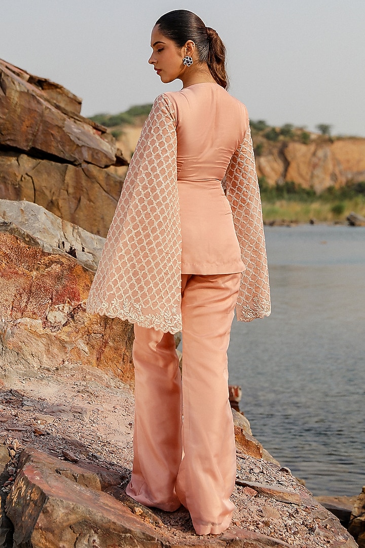 Peach Viscose Organza Floral Embroidered Jacket Set by Label Moni K at Pernia's Pop Up Shop