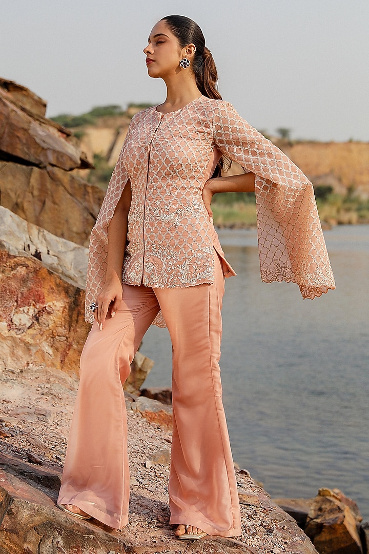 Peach Viscose Organza Floral Embroidered Jacket Set by Label Moni K at Pernia's Pop Up Shop