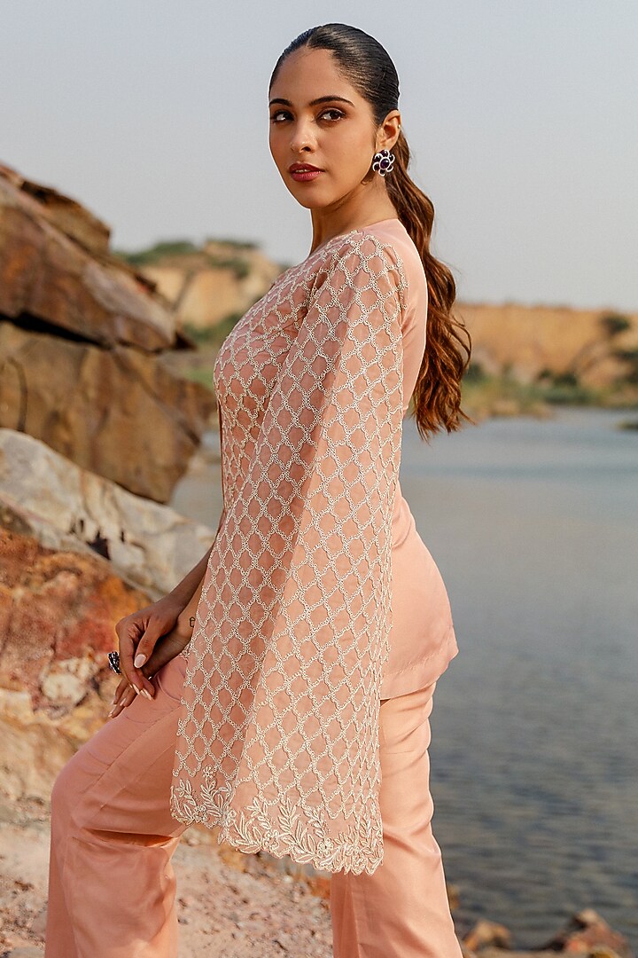 Peach Viscose Organza Floral Embroidered Jacket Set by Label Moni K at Pernia's Pop Up Shop